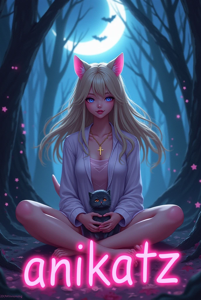 A mystical dark glowing environment in the forest. crescent moon. bats. In the middle sits a woman with blue eyes, blonde, straight hair, pinken Lips, cat ears, golden necklace with cross pendant in cross-legged position. Short pajamas. She is holding a cute cuddly tabby kitten in her hand. her hair blows in the wind. Below her is the word Anikatz in pink capital letters.