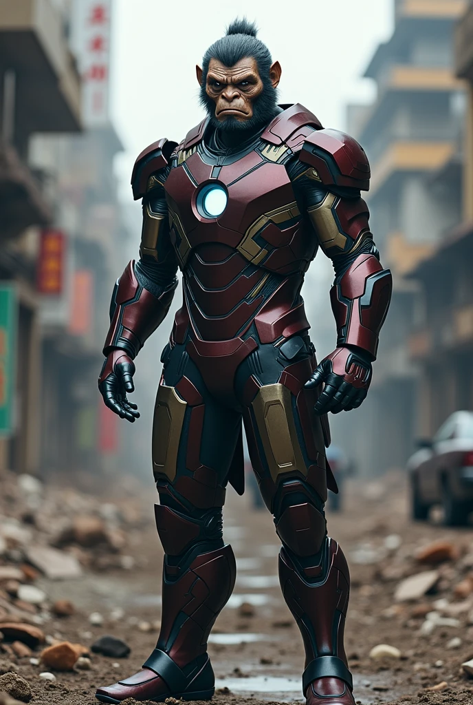 A man，full-body shot，Black Myth Wukong&#39;s head，wearing the armor of iron man，Standing on the street，The background is war-torn