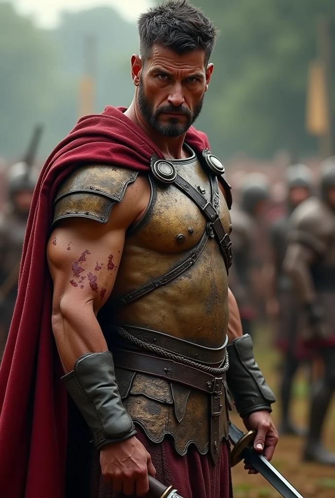 ((masterpiece, highest quality, Highest image quality, High resolution, Raw photo, 8K)), ((Extremely detailed CG unified 8k wallpaper)), (huge stunning warrior shot, full body, musclural body beauty:1.4), Posing for the camera, In a warrior fighting stance, a stern look, in a ready stance, Blood, sweat and mud, Build: Tall and muscular, showing signs of fatigue but still exuding strength and determination.
Facial Features: Sharp, aquiline nose with a few fresh cuts and bruises. His piercing brown eyes are intense, reflecting both exhaustion and unwavering resolve.
Hair: Short and dark, now slightly disheveled from the chaos of battle.
Scars and Mud: His face and exposed arms are smeared with mud and blood, with visible scars from recent and past battles, highlighting his experience and resilience.
Clothing: His bronze cuirass is dented and scratched, bearing the marks of combat. His red military cloak is torn and stained with dirt and blood, hanging loosely off his shoulder.
Signature Pose:
Stance: Standing firmly, slightly hunched from the weight of the battle, but still strong and unyielding.
Right Hand: Gripping the hilt of his sword, which is sheathed but still bloodied from the fight, symbolizing readiness and survival.
Left Hand: Raised slightly as if signaling to his troops to regroup, with a steady and determined gesture.
Expression: A grim, focused look, with his mouth set in a hard line. His eyes convey both the toll of battle and the unbreakable spirit of a seasoned warrior., photorealistic, 16k, 8k, 4K, award winning