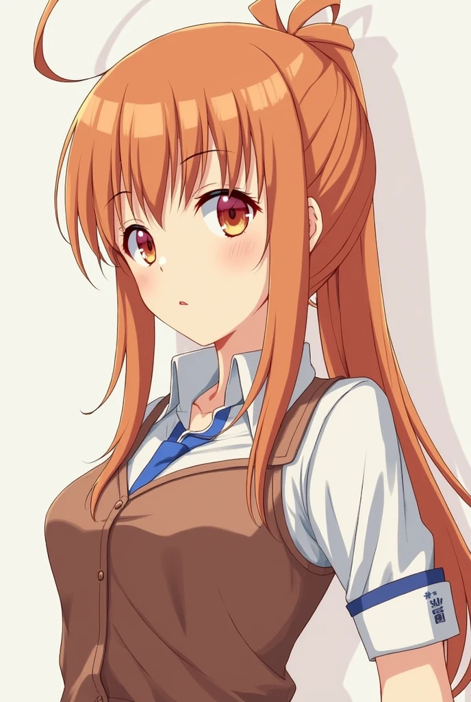Rei has waist-length orange-brown hair that is tied in a single small ponytail on the back of her head while she leaves the rest of her hair down with bangs hanging over her face while she has two strands sticking out above the rest of her hair, reddish-brown eyes and she has a slender figure with ample breasts.
Throughout the series, she has been constantly dressed in her school uniform and has seldom changed her attire.