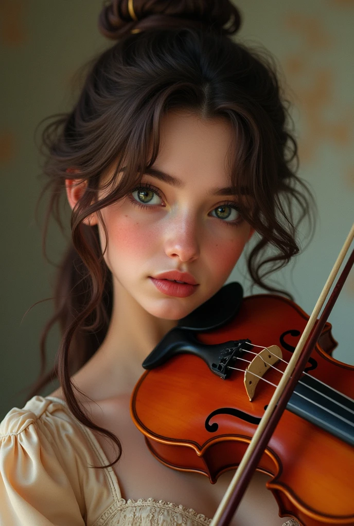 Lara has long, wavy dark brown hair., which she usually wears loose or tied up in a messy bun during rehearsals. Your eyes are green, expressive and slightly almond-shaped. She is of average height, with about 1,65m, and has a slender and delicate physique, result of years of dedication to music and daily violin practice.