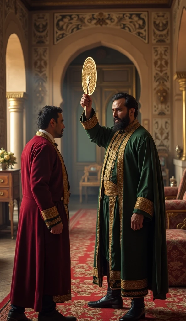 Create a dramatic 4K image capturing the moment in 1827 when the Dey of Algiers strikes the French consul with his fan. The setting should be inside the opulent palace of the Dey, with detailed Ottoman-era architecture. The Dey, in traditional attire, is shown in a moment of anger, holding the fan with a stern expression, while the French consul reacts in shock. The image should convey the tension and significance of this pivotal event.