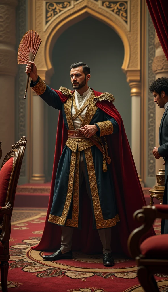 Create a dramatic 4K image capturing the moment in 1827 when the Dey of Algiers strikes the French consul with his fan. The setting should be inside the opulent palace of the Dey, with detailed Ottoman-era architecture. The Dey, in traditional attire, is shown in a moment of anger, holding the fan with a stern expression, while the French consul reacts in shock. The image should convey the tension and significance of this pivotal event.