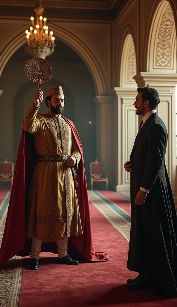 Create a dramatic 4K image capturing the moment in 1827 when the Dey of Algiers strikes the French consul with his fan. The setting should be inside the opulent palace of the Dey, with detailed Ottoman-era architecture. The Dey, in traditional attire, is shown in a moment of anger, holding the fan with a stern expression, while the French consul reacts in shock. The image should convey the tension and significance of this pivotal event.
