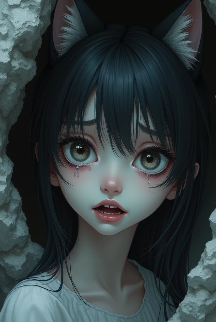 (masterpiece,best quality,Extremely detailed),1 Girl,open mouth, Sharp Teeth, Fangs,Wolf ears,Beautiful and delicate face, Delicate eyes,Looking at the audience,Small chest,((Gray Theme),((Frustration, sadness, Melancholy)),Tired expression,sad,Swelling of the eyelids,((very close)),cry,The background is a dark cave