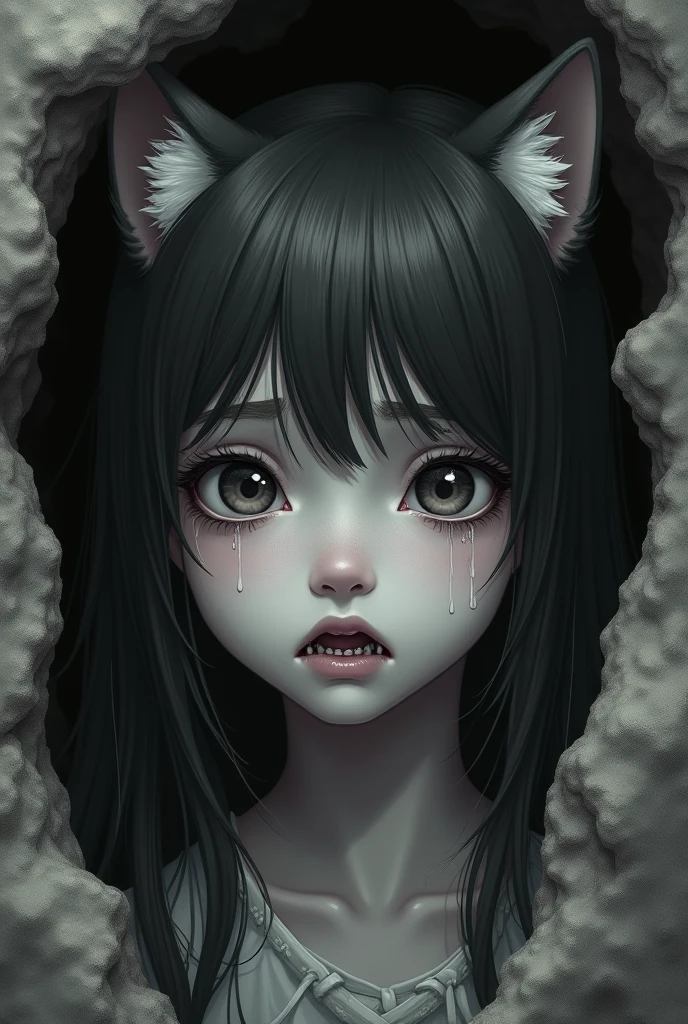 (masterpiece,best quality,Extremely detailed),1 Girl,open mouth, Sharp Teeth, Fangs,Wolf ears,Beautiful and delicate face, Delicate eyes,Looking at the audience,Small chest,((Gray Theme),((Frustration, sadness, Melancholy)),Tired expression,sad,Swelling of the eyelids,((very close)),cry,The background is a dark cave