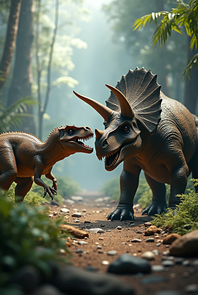 triceratops and velociraptor fight, realistic