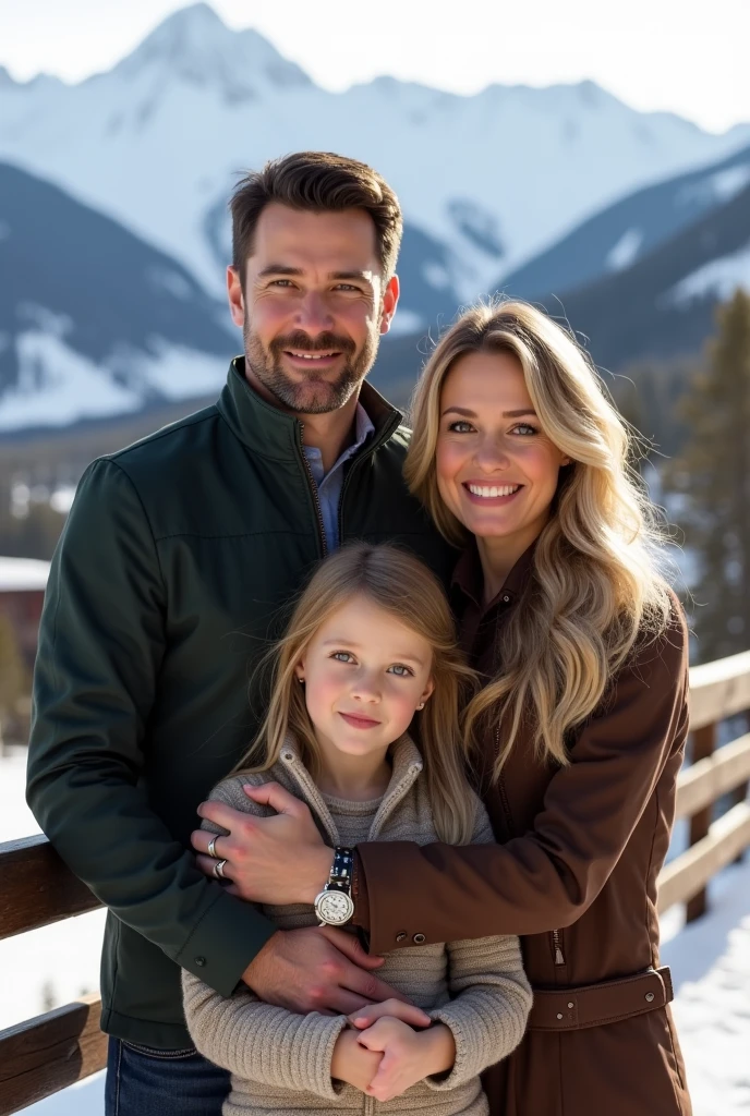 (Photorealism:1.1) a couple man dark brown hair and brown eyes together with a woman blonde green eyes long hair e uma criança loira de 8 anos em Aspen e um IWC portuguese e usando aliança de casamento 8k ultra realistic super detailed