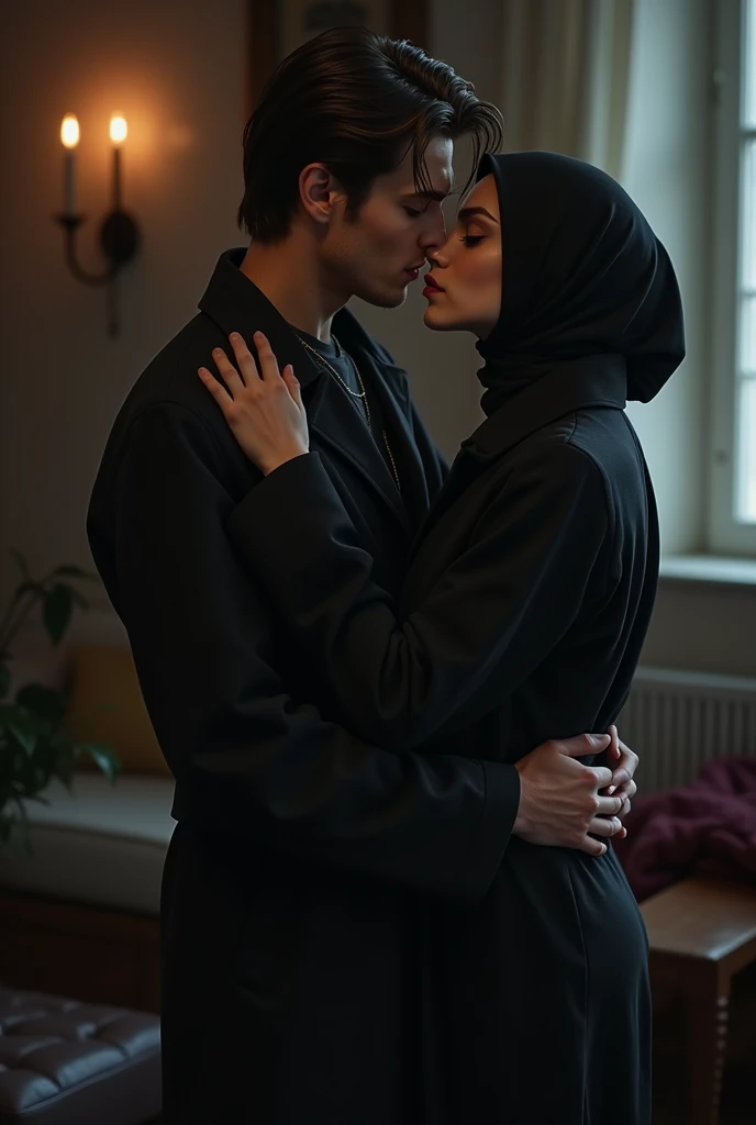 with black headscarf, black trench coat, Barefoot sexy woman kissing man at home