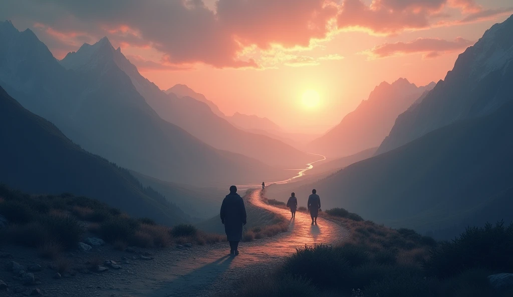 Depict a serene landscape with mountains in the distance, under a twilight sky. A narrow, winding path leads through a valley, representing the journey of life. Along the path, silhouettes of people walk toward a distant light that symbolizes eternal life. The atmosphere is peaceful, with a sense of hope and divine guidance, reflecting the theme of God's guidance through life's challenges."