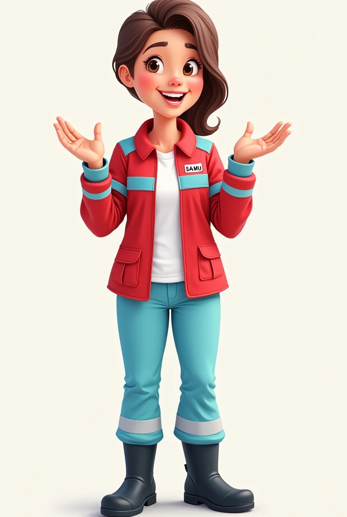 cartoon image of a female nurse, with a pre-hospital care uniform consisting of : Red loose jacket that has a light blue stripe on the chest and on the right side of the chest it says SAMU, without any other letters, Loose light blue trousers with reflective stripes on the hem, black safety boots. the image without background, that the nurse greeting.