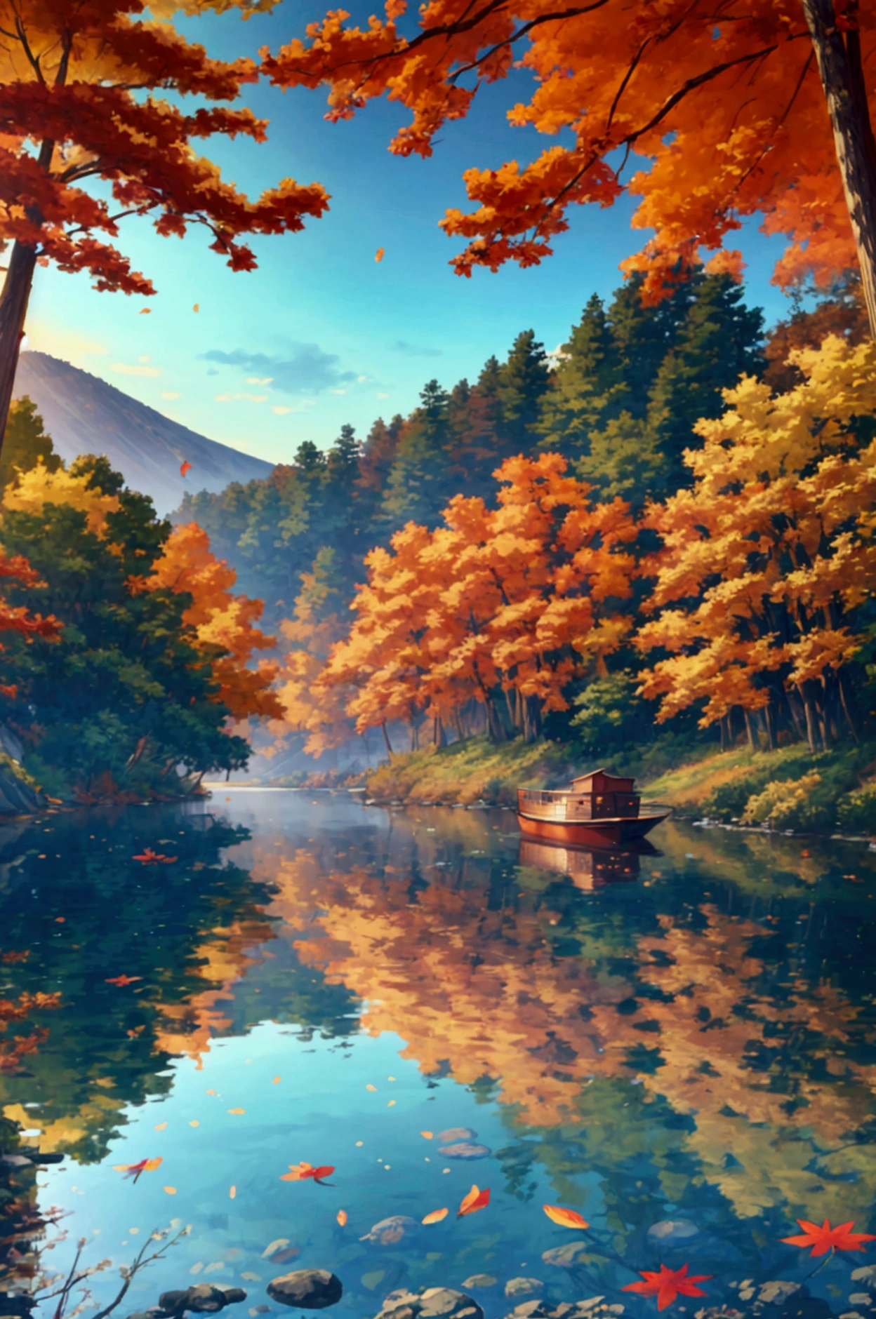 Anime scenery ultra-high-definition 4K digital painting of a serene autumn scene, featuring a small wooden boat gently floating on a calm, glass-like lake. The lake is surrounded by trees in full autumn bloom, their leaves a brilliant mix of oranges, reds, and yellows. The water perfectly reflects the vibrant foliage and the clear blue sky above, creating a mirror-like effect. The boat, lightly tethered to a wooden dock, drifts slightly with the breeze, adding to the peacefulness of the scene. The overall atmosphere is calm and reflective, with every detail, from the ripples on the water’s surface to the rich textures of the autumn leaves, captured in exquisite detail.