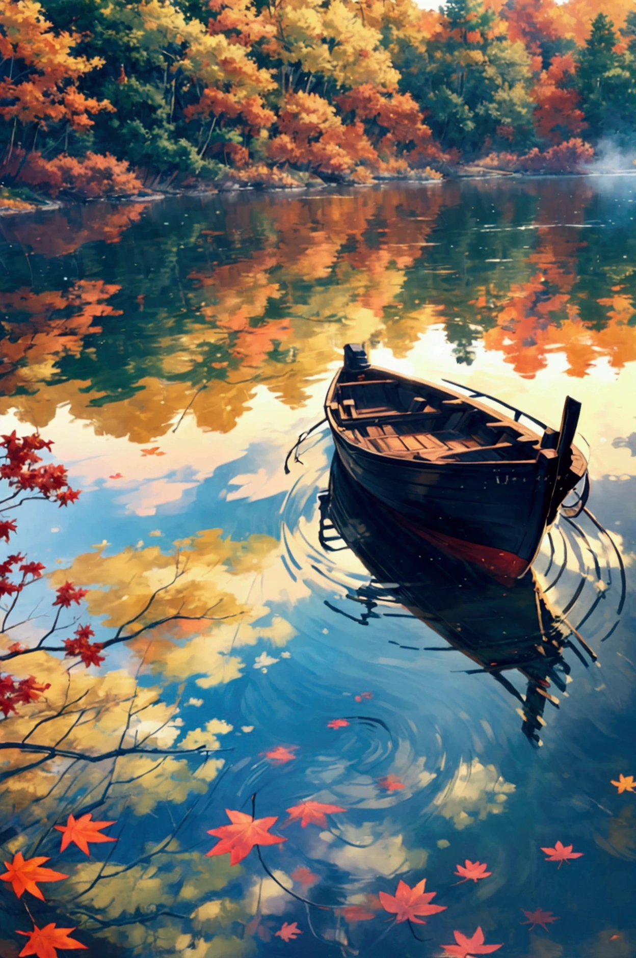 Anime scenery ultra-high-definition 4K digital painting of a serene autumn scene, featuring a small wooden boat gently floating on a calm, glass-like lake. The lake is surrounded by trees in full autumn bloom, their leaves a brilliant mix of oranges, reds, and yellows. The water perfectly reflects the vibrant foliage and the clear blue sky above, creating a mirror-like effect. The boat, lightly tethered to a wooden dock, drifts slightly with the breeze, adding to the peacefulness of the scene. The overall atmosphere is calm and reflective, with every detail, from the ripples on the water’s surface to the rich textures of the autumn leaves, captured in exquisite detail.
