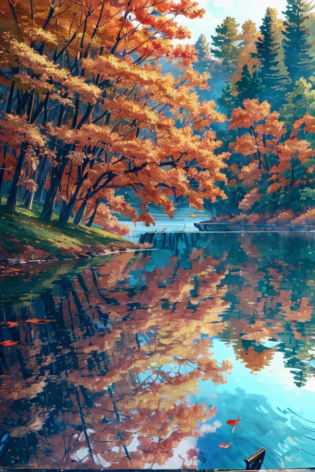 Anime scenery ultra-high-definition 4K digital painting of a serene autumn scene, featuring a small wooden boat gently floating on a calm, glass-like lake. The lake is surrounded by trees in full autumn bloom, their leaves a brilliant mix of oranges, reds, and yellows. The water perfectly reflects the vibrant foliage and the clear blue sky above, creating a mirror-like effect. The boat, lightly tethered to a wooden dock, drifts slightly with the breeze, adding to the peacefulness of the scene. The overall atmosphere is calm and reflective, with every detail, from the ripples on the water’s surface to the rich textures of the autumn leaves, captured in exquisite detail.