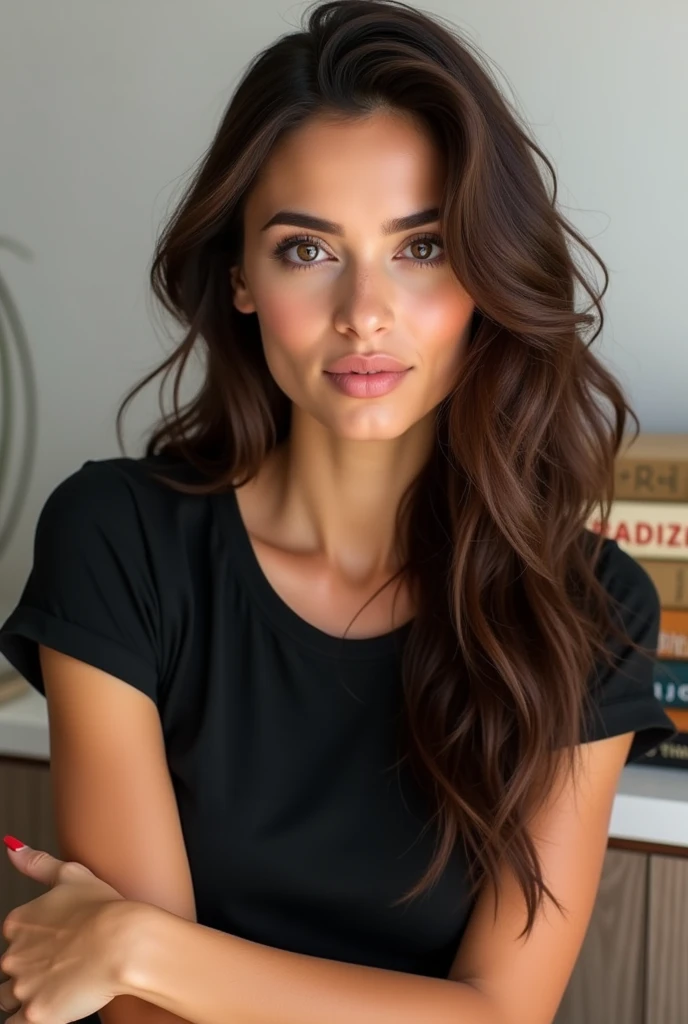 A Brazilian woman, light brunette, brown eyes and hair, wearing black tee, supported by psychology books on a white background, showing off your natural charm and outgoing personality.
