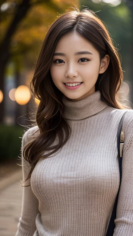 One girl,(Wearing a turtleneck sweater:1.2),(RAW Photos, Highest quality), (Realistic, photo-Realistic:1.4), masterpiece, Very delicate and beautiful, Very detailed, 2k wallpaper, wonderful, In detail, Very detailed CG unity 8k wallpaper, Very detailed, High resolution, Soft Light, Beautiful detailed girl, Very detailed eyes and face, Beautifully detailed nose, Beautiful attention to detail,Cinema Lighting,Autumn scenery,garden,City lights at night,Perfect Anatomy,Slender body,smile