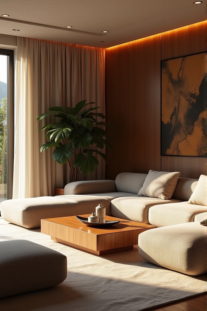 Interior design , modern living room , Brazilian residence , furniture signed by renowned artists , warm lighting , ultra realisitic , 4K , render ultra realisitic