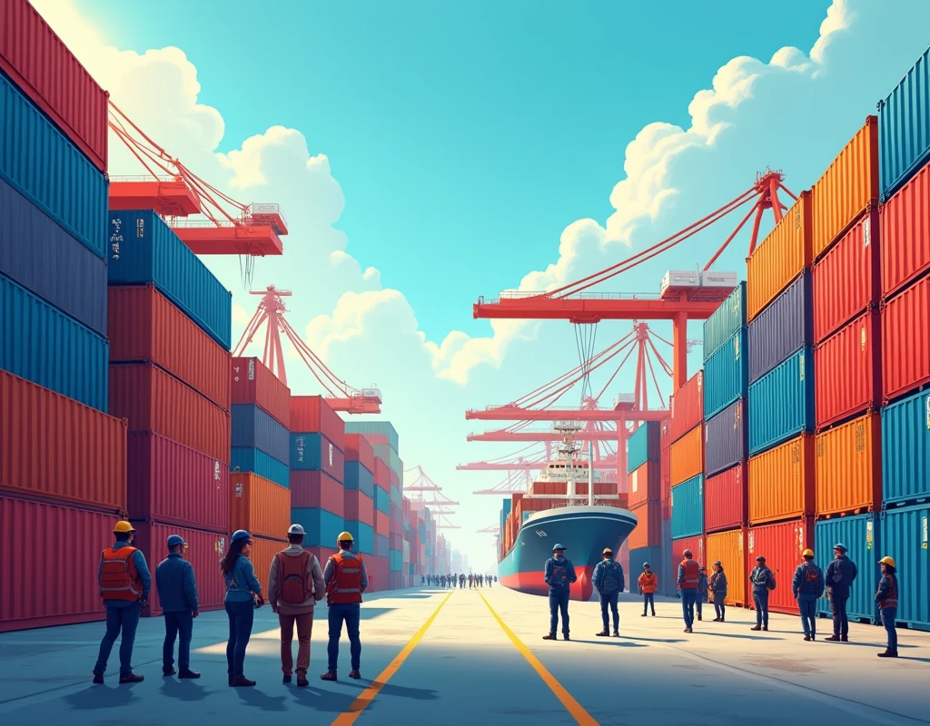 CREATE A COVER BACKGROUND FOR A WEB PAGE ABOUT CONTAINERS WITH PEOPLE AND LOADING PRODUCTS FOR A COMPANY THAT IS DEVOTED TO THE IMPORTATION OF PRODUCTS, LONG RECTANGLE IMAGE SIZE