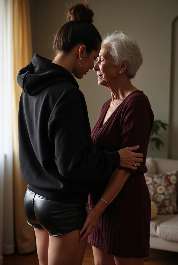 black woman hair in a bun black hoodie black leather short shorts being fucked in the ass by a old grandma in a dress