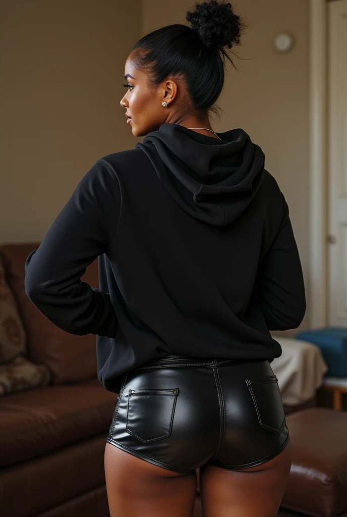 black woman hair in a bun black hoodie black leather short shorts being fucked in the ass by a old grandma in a dress