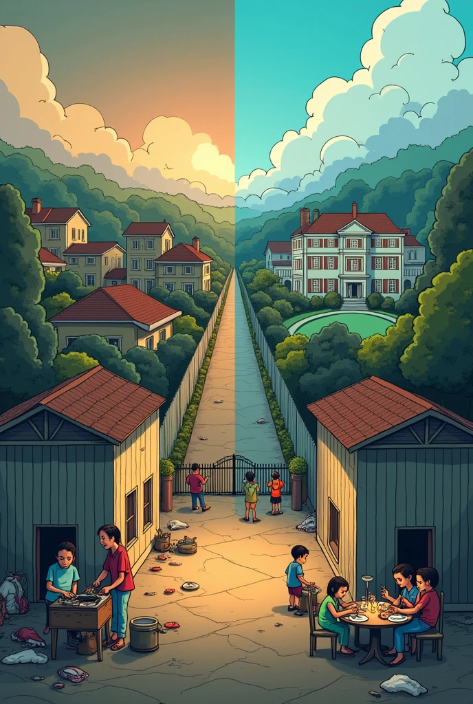 The cartoon is divided vertically into two parts. On the left side, we see a poor neighborhood, with simple houses, children playing on the dirt road, and adults working in informal jobs. A mother is trying to cook in a makeshift kitchen, and the children are doing their schoolwork on a broken table, in the light of a single dim bulb. Above the neighborhood, a cloud of pollution and smoke hangs in the sky.
in the right side, there is a rich neighborhood, with mansions surrounded by high walls, private security patrolling the area, and children playing in a well-kept park. A family is having dinner at a luxurious table, surrounded by modern technology. In the sky above the rich neighborhood, A clear, blue sky, no signs of pollution.
In the middle of the cartoon, a huge wall divides the two sides, with the text painted on it: "Opportunities – It depends on where you were born."
This cartoon would highlight how people's place of birth and initial economic situation can define their opportunities in life., reinforcing social inequality.