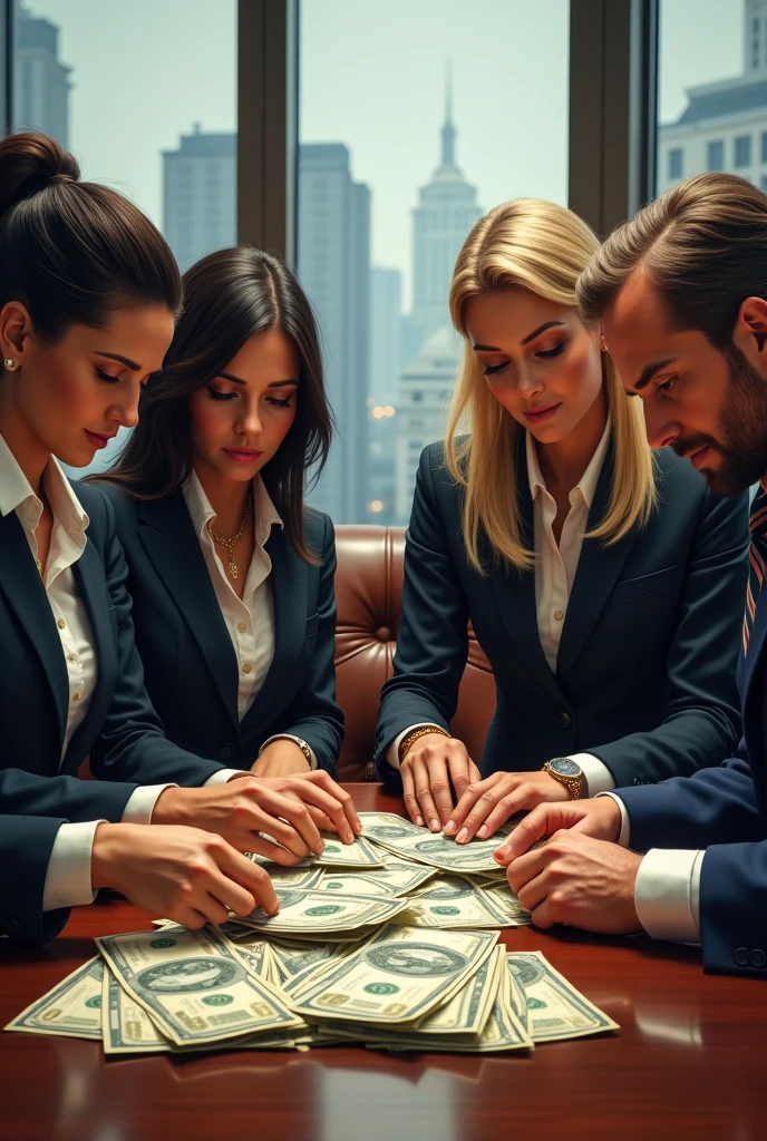 Create a image on 2 women and 2 men counting dollars