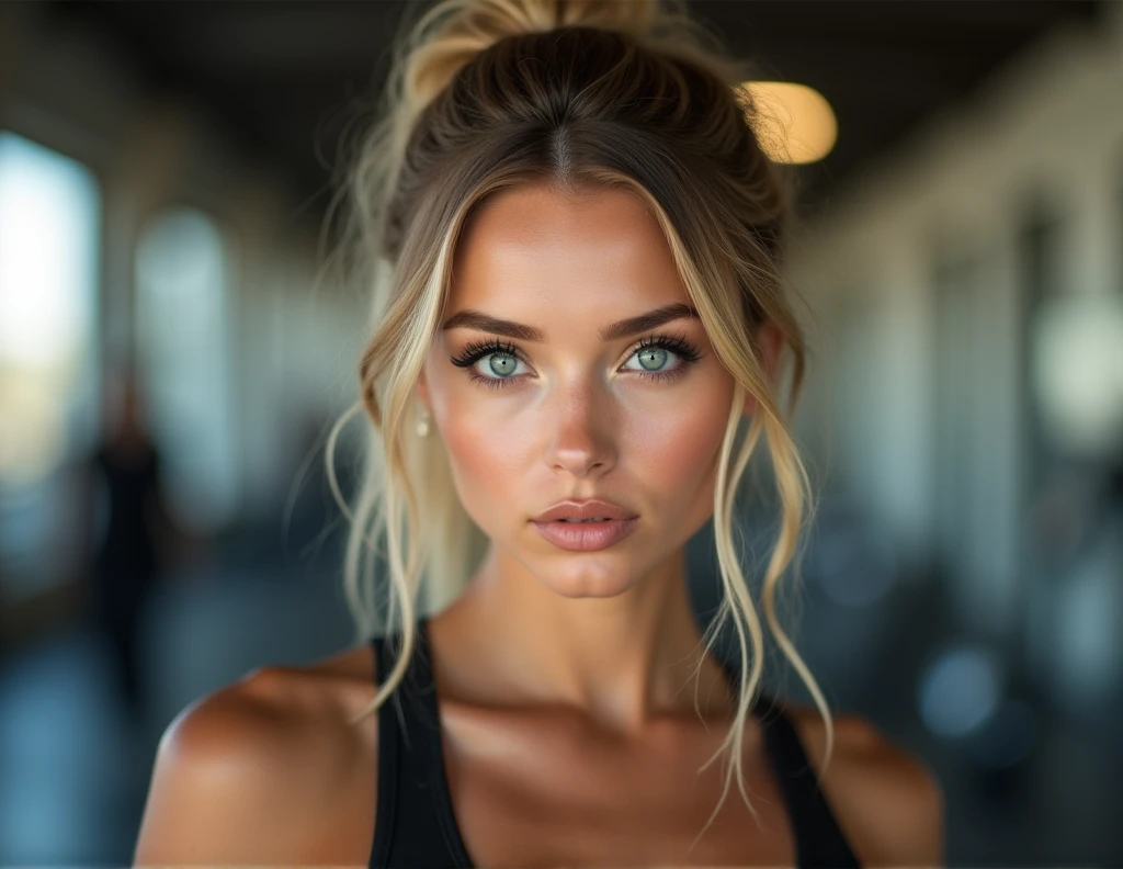 "((Half-length photo of a beautiful girl)), ((Italian nationality)), ((blonde with brown highlights)), ((hair tied up)), the girl looks shy, ((detailed face)), ((detailed skin)), attractive figure, ((big round blue eyes)), black eyeliner, ((sensual lips)), suggestive pose, ((works out at the gym)), ((just finished a morning workout)), ((the photo should be of the highest quality)), ((very realistic)), ((natural)), ((clear)), close-up of the face, around 20 years old."