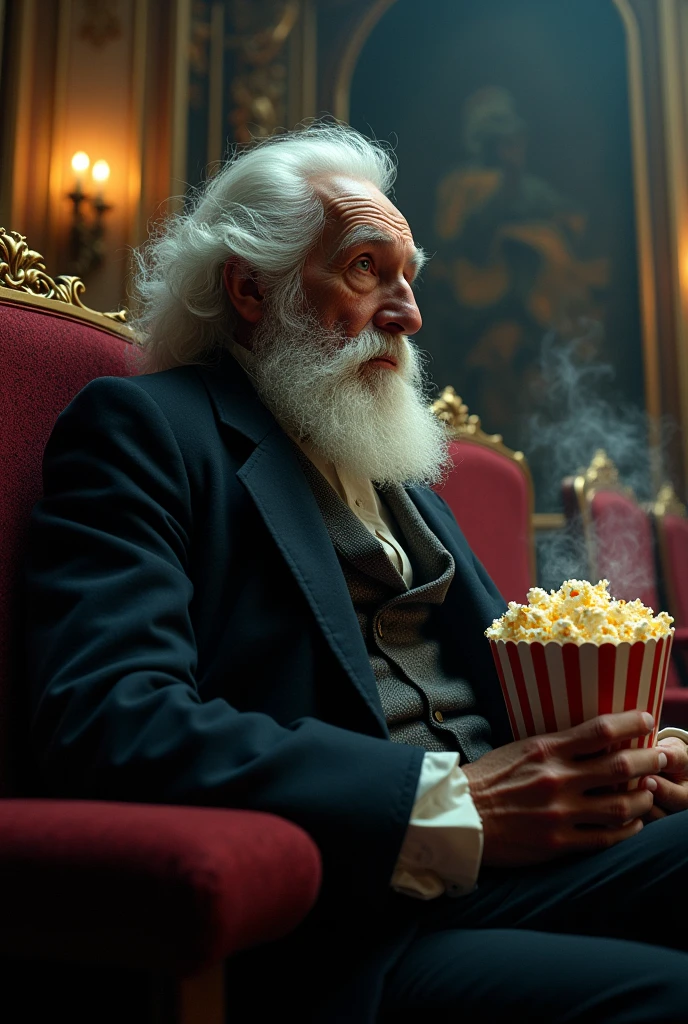 A man with white hair and beard, He is a 19th century scientist. Sitting in a movie theater alone, eating popcorn. 