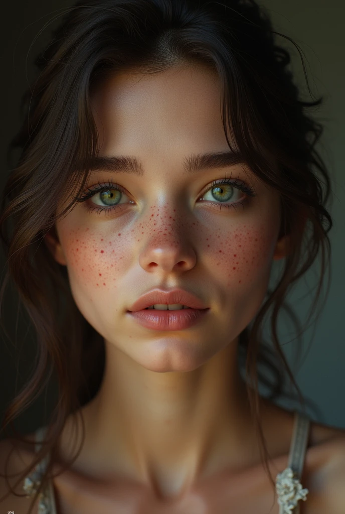 the profile of a bruenette young women, green eyes, a lot of freckles, a chubby face, long lashes and full lips 