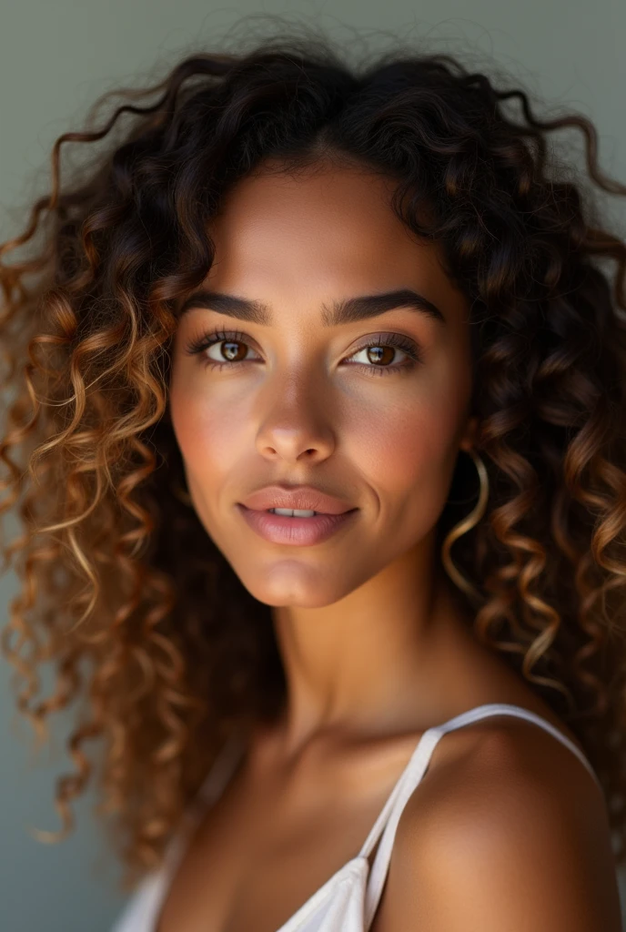 une jeune femme métisse de 22 ans incroyablement belle, avec une peau chaude couleur caramel, des yeux de couleur noisette détaillés, et des lèvres pleines avec une teinte rosée naturelle. Son visage est ovale avec des pommettes hautes, et elle a un menton gracieux, légèrement pointu. Ses cheveux sont une cascade de boucles volumineuses, d'un riche brun foncé avec de subtiles mèches dorées, tombant sur ses épaules. Ses sourcils sont bien définis, légèrement arqués, et son expression est calme et confiante. Elle porte un maquillage léger qui met en valeur sa beauté naturelle, avec une douce lueur sur ses joues et une touche de mascara pour accentuer ses yeux. Elle est dans un studio avec un fond clair, vêtue d'un haut . Pose frontale, Expression sérieuse. Éclairage avant, mettant en évidence les ombres et les textures du visage. Appareil photo moyen format avec 100 mm f/2.8 lentilles/2.8, Résolution UHD 16K, style de portrait émotionnel, avec un accent sur les détails du visage