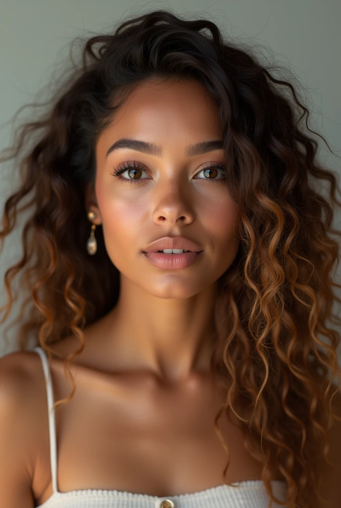 une jeune femme métisse de 22 ans incroyablement belle, avec une peau chaude couleur caramel, des yeux de couleur noisette détaillés, et des lèvres pleines avec une teinte rosée naturelle. Son visage est ovale avec des pommettes hautes, et elle a un menton gracieux, légèrement pointu. Ses cheveux sont une cascade de boucles volumineuses, d'un riche brun foncé avec de subtiles mèches dorées, tombant sur ses épaules. Ses sourcils sont bien définis, légèrement arqués, et son expression est calme et confiante. Elle porte un maquillage léger qui met en valeur sa beauté naturelle, avec une douce lueur sur ses joues et une touche de mascara pour accentuer ses yeux. Elle est dans un studio avec un fond clair, vêtue d'un haut noir. Pose frontale, Expression sérieuse. Éclairage avant, mettant en évidence les ombres et les textures du visage. Appareil photo moyen format avec 100 mm f/2.8 lentilles/2.8, Résolution UHD 16K, style de portrait émotionnel, avec un accent sur les détails du visage