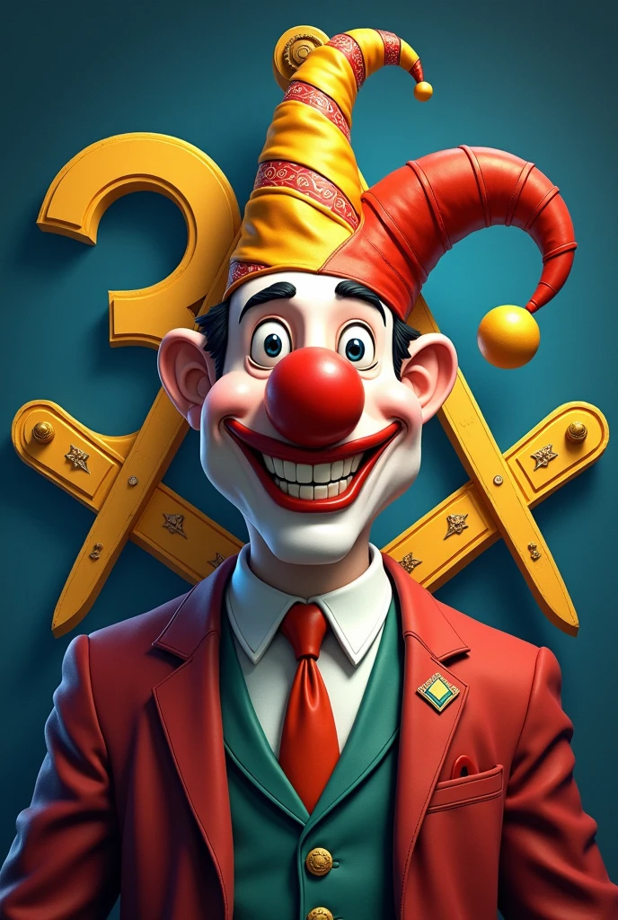 create a funny image of the 33rd degree masonry with a clown nose and hat, adicione elementos da maçonaria como a pirâmide e Write 33 na foto, Write "hur dur i'm dumb"