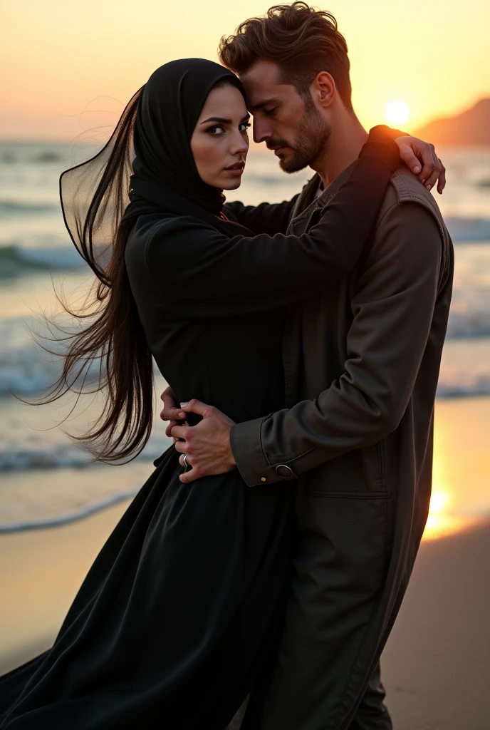 with black headscarf, black trench coat, Barefoot sexy woman kissing man on the beach