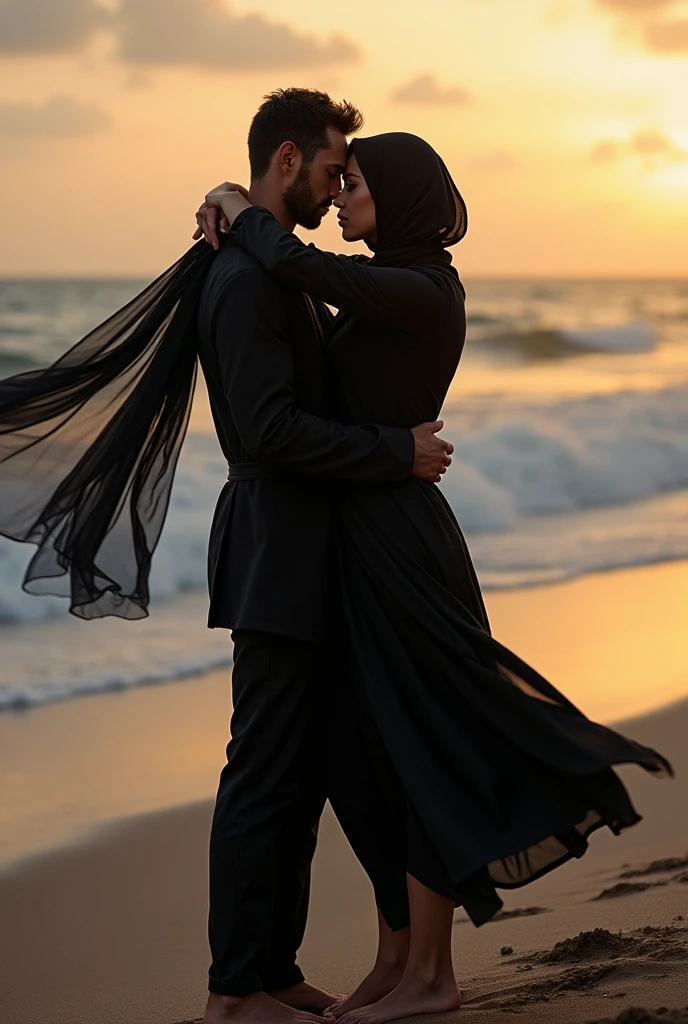 with black headscarf, black trench coat, Barefoot sexy woman kissing man on the beach