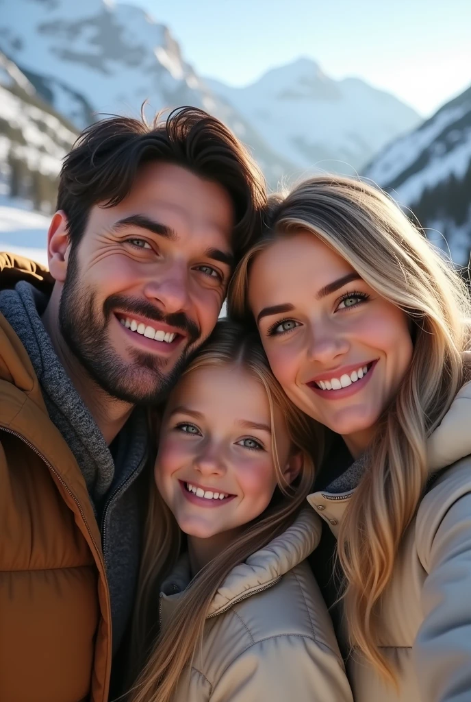 (Photorealism:1.1) a couple man dark brown hair and brown eyes together with a woman blonde green eyes long hair  e uma criança loira de 8 s fazendo selfie em Aspen  e um IWC portuguese e usando aliança de casamento 8k ultra realistic super detailed 