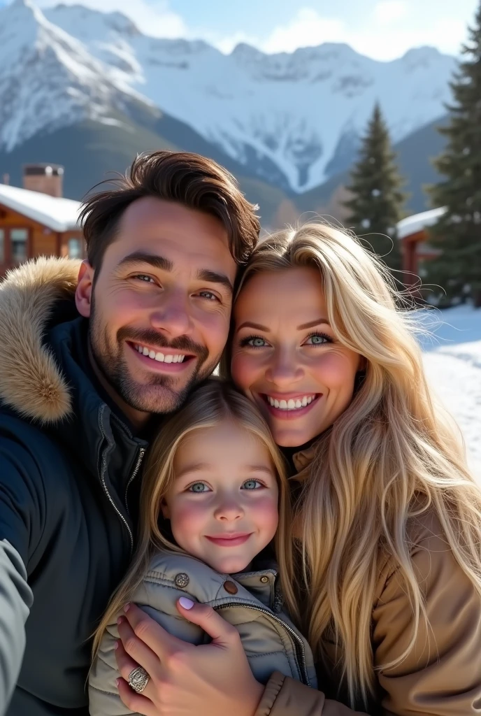 (Photorealism:1.1) a couple man dark brown hair and brown eyes together with a woman blonde green eyes long hair  e uma criança loira de 8 anos fazendo selfie em Aspen  e um IWC portuguese e usando aliança de casamento 8k ultra realistic super detailed 