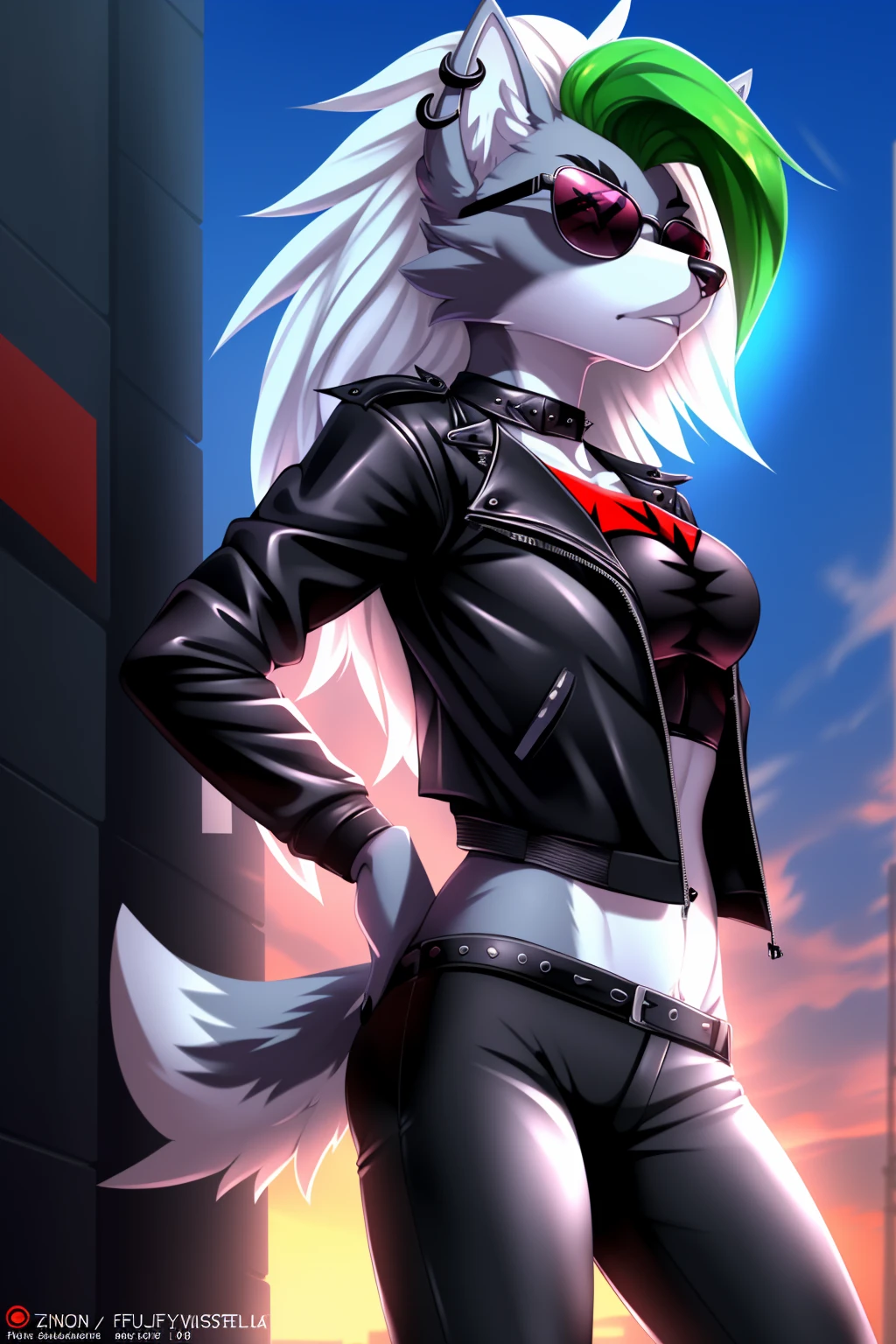 By zinfyuu on pixiv,by twistedscarlet60, uploaded on pixiv, by fluff-kevlar, (masterpiece), (best quality), (anthro furry:1.3, snout:1.2, anthro:1.3, furry:1.2, solo female:1.2), (extremely detailed:1.3), tall slim body, grey fur, roxanne, roxanne wolf, (black leather jacket:1.5), black jacket, leather jacket, black leather pants, (black pants:1.3), leather pants, (sunglasses:1.2), rectangular sunglasses, dark sunglasses, dark glasses, black sunglasses, serious face, 