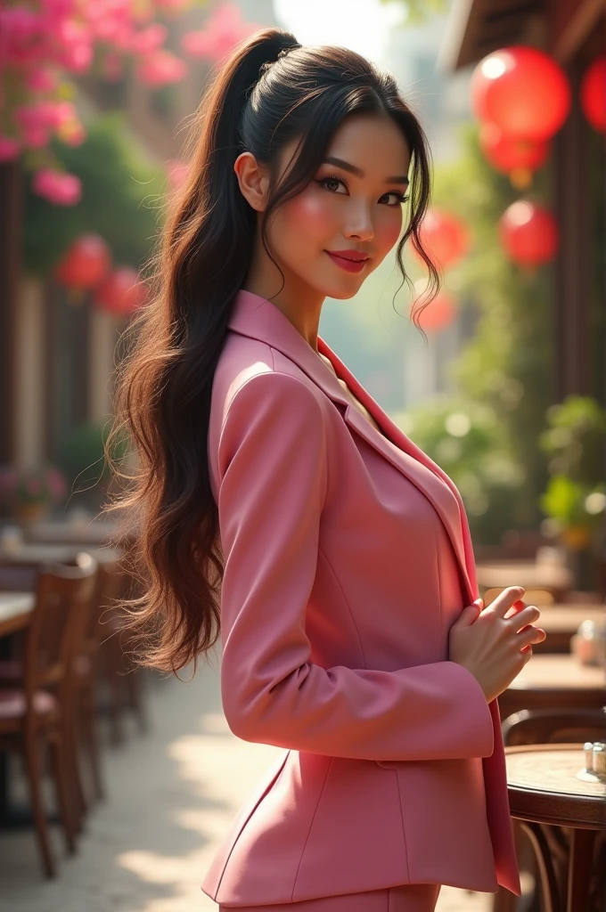 Full body,Ponytail hair, (Beautiful alley), wear a pink suit ,enger transparenter Rock, nice tits, big full breasts, 8k, detailed body shape, Ergonomic, Pretty smile, 1womanl, extremely detail, realisti, Super detailing, good quality,in the luxurious café, (bottom view:1.2), Smaller face, Facial shine, perfect waist, perfect thighs, 20 age old,