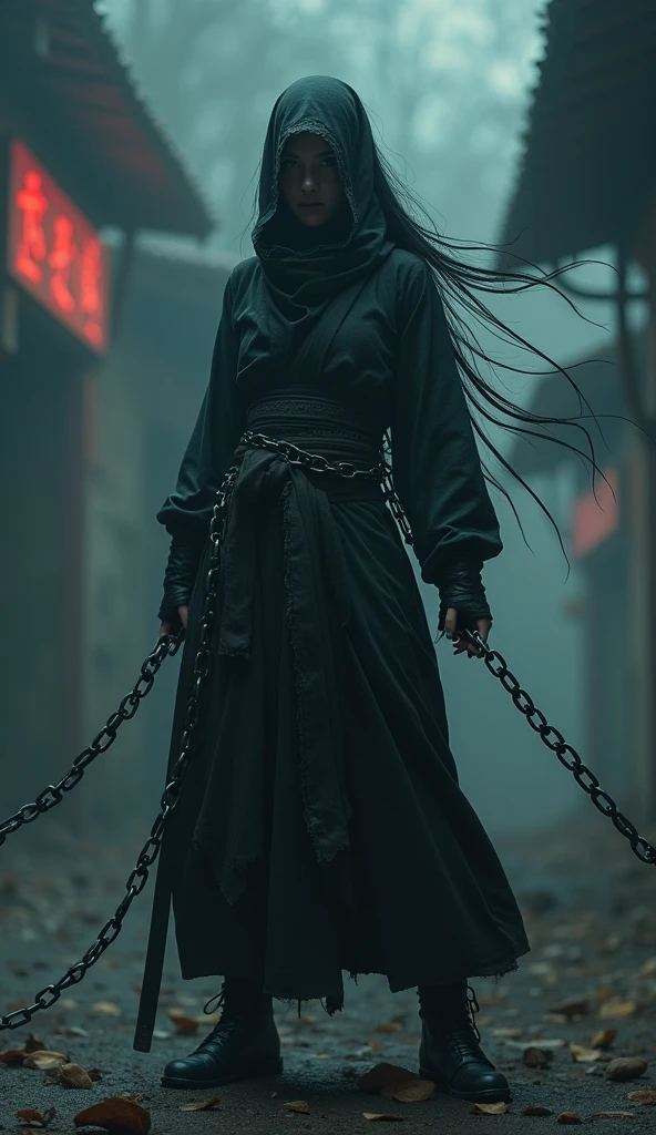 a female ninja in a dark atmosphere, chains flying out from all directions, chains as main weapon, randomized chain movements, chains flying towards the viewer, strong depth of field