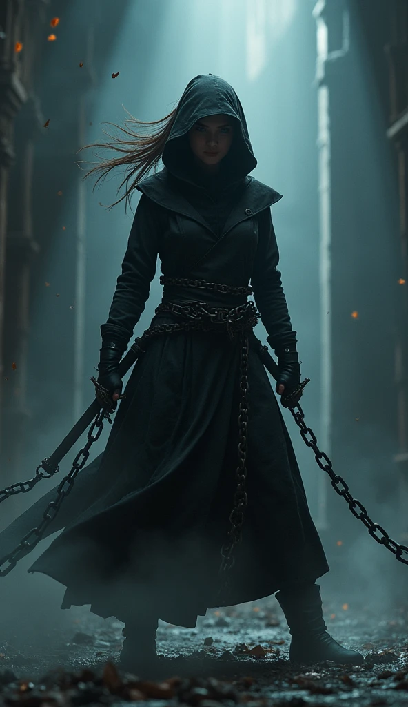 a female ninja in a dark atmosphere, chains flying out from all directions, chains as main weapon, randomized chain movements, chains flying towards the viewer, strong depth of field