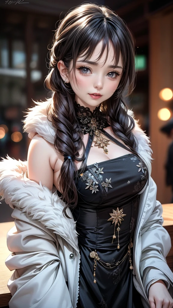 table top, highest quality, shape, Super detailed, finely, High resolution, 8k wallpaper, Perfect dynamic shape, beautiful and detailed eyes, tokyo trend冬ファッション,tokyo trend&Introducing cute hairstyles at random, small breasts, natural color lip, random sexy pose,cute smile,20 year old girl、beautiful and detailed face、perfect and beautiful face,Big eyes、Wear fluffy black outerwear with fur、beautiful and detailed face、perfect and beautiful double eyelids、blur the background、perfect and beautiful face、Feminine poses、blur the background、slim face and style、blur background