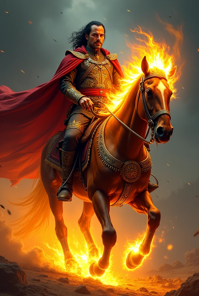 Create an image of Simón Bolívar riding his horse, in a style that combines elements of Ghost Rider. The image should have a dark and dramatic background, with flames and fire lights surrounding the horse and Bolívar. The horse should have glowing eyes and a fierce expression, while Bolívar should have an intense and determined gaze. Bolívar's clothing and equipment should have an ancient and heroic style, with gold and silver details that shine in the darkness. The image should have a touch of mysticism and supernatural power, as if Bolívar and his horse were possessed by powerful spirits. The style of the image should be similar to Ghost Rider, with dark and vibrant colors, and an atmosphere of intensity and drama.