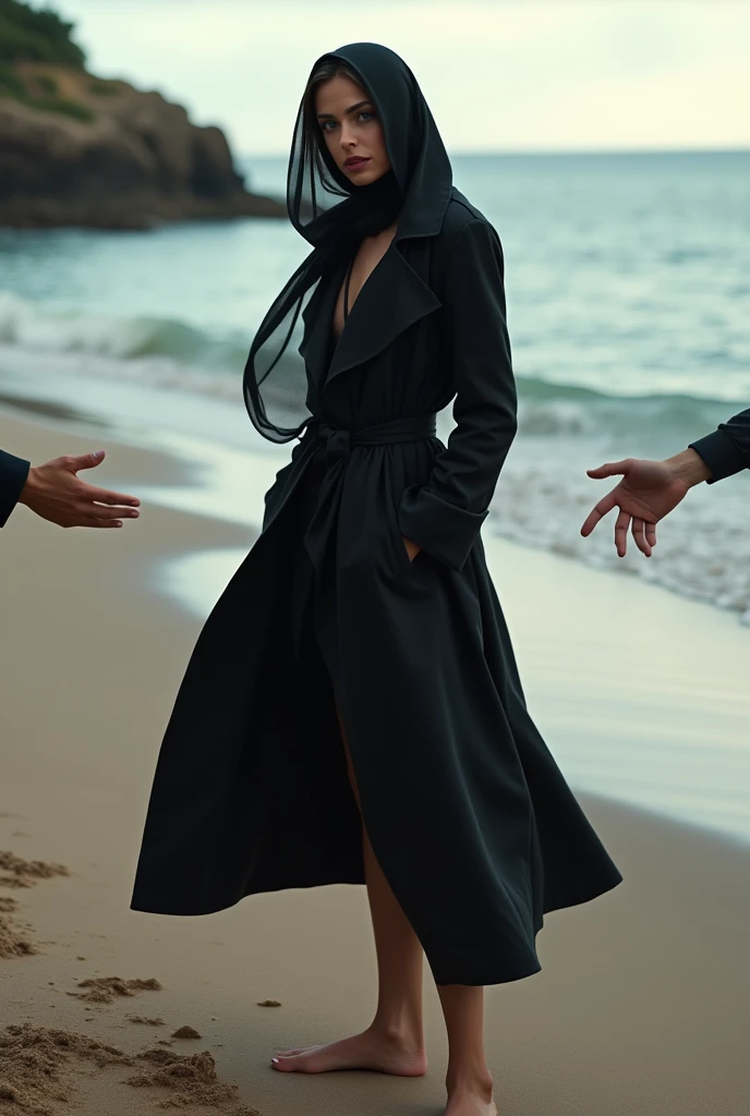 Black headscarf on the beach, black trench coat, barefoot sexy woman. Men touching women&#39;s buttocks.