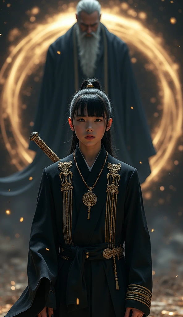 A handsome boy at the age of 15 years wearing a black suit, has gold striped ornaments and wears as in a fantasy world of magic and cultivation. His long hair is tied back neatly and Has bangs that cover his left eye. Carrying a beautiful sword on his back that looks even more dashing. With a background like a black hole and there is a shadow of a big old grandfather behind him.
