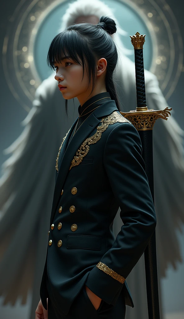 A handsome boy at the age of 15 years wearing a black suit, has gold striped ornaments and wears as in a fantasy world of magic and cultivation. His long hair is tied back neatly and Has bangs that cover his left eye. Carrying a beautiful sword on his back that looks even more dashing. With a background like a black hole and there is a shadow of a big old grandfather behind him.