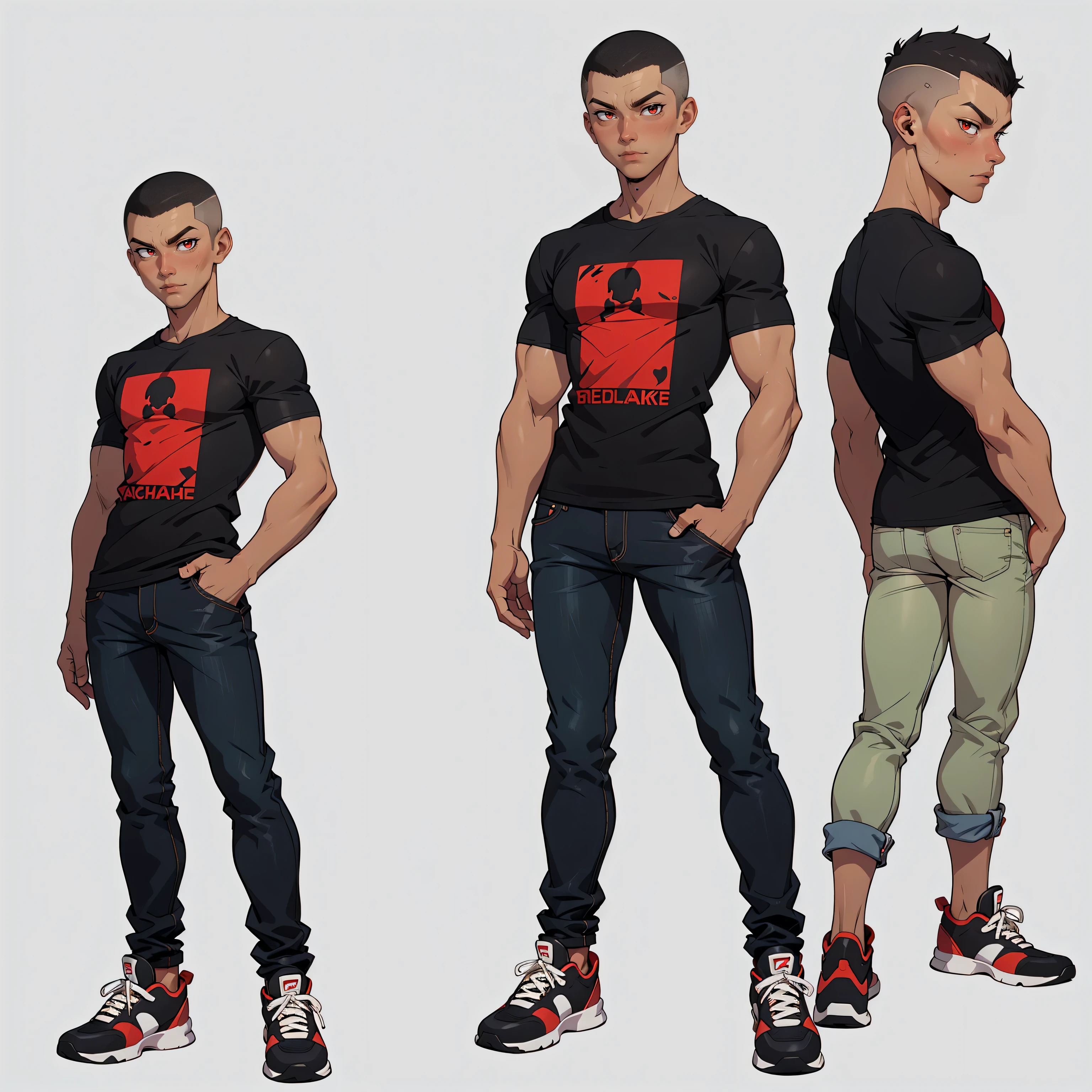 1 boy, very detailed, neutral facial expression, figure, skinny body, tan skin, full body view, buzz cut, red eyes, looking at viewer, full black t-shirt, jean pants, black sneakers, standing pose