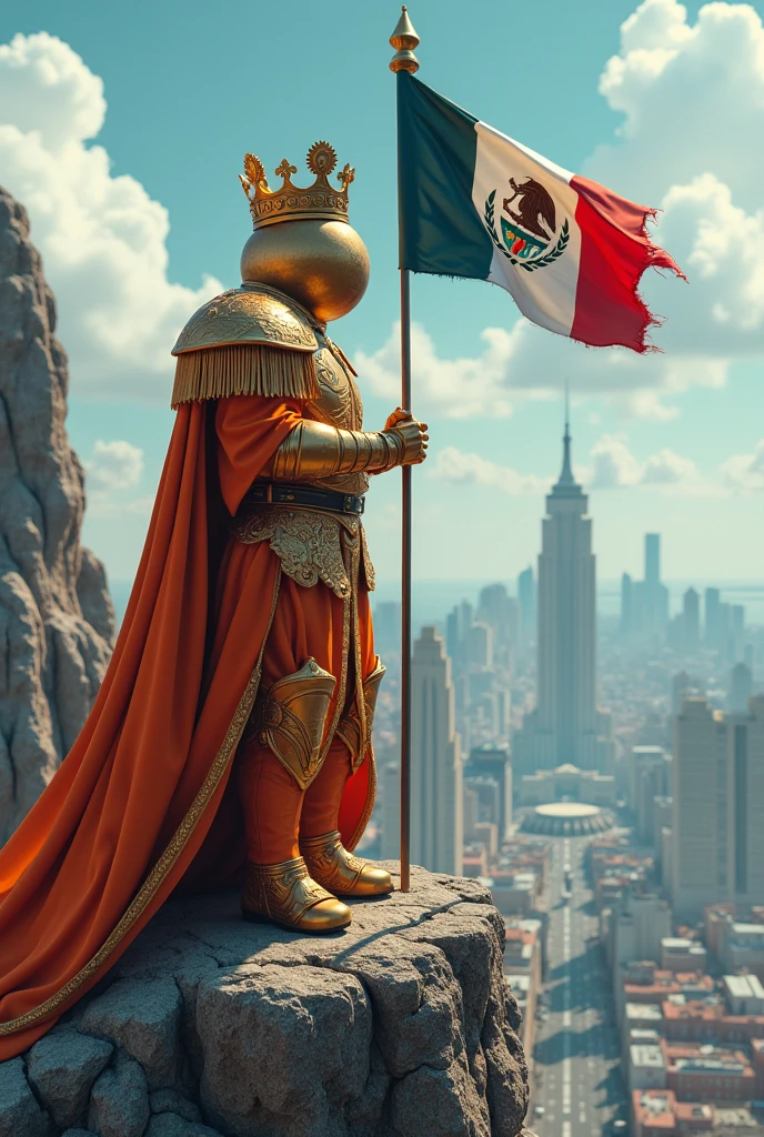 A king whose head is very big and looks like a coin and has orange armor and a beautiful crown looks from the top of the mountain to a big city whose flag says Mexc and the color of the flag of that land is dark blue.