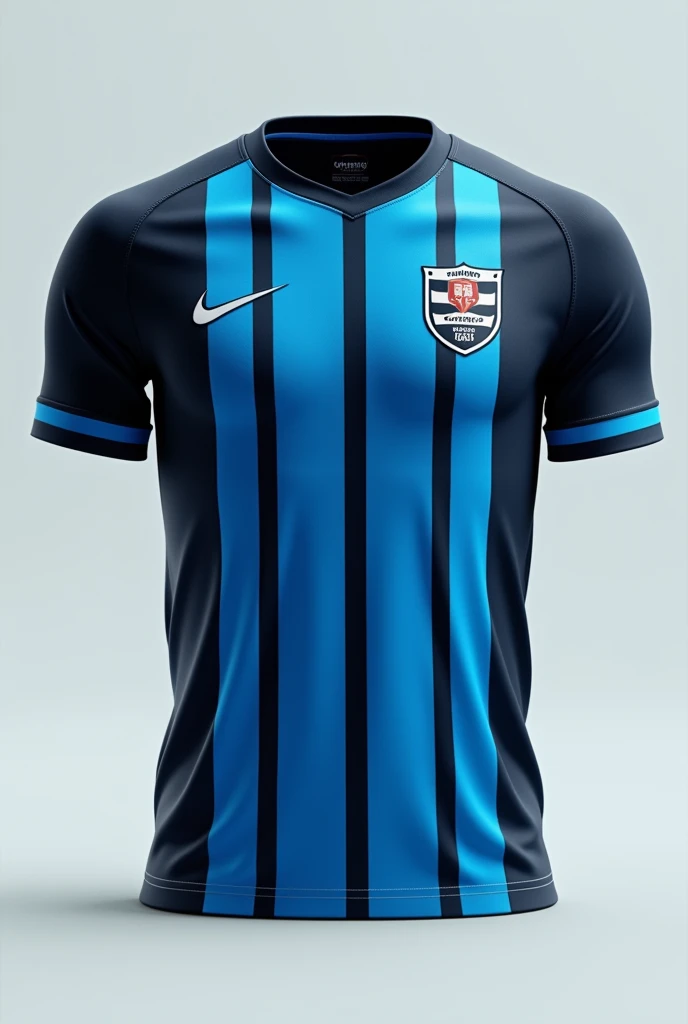 Create a Grêmio Football Portoalegrense shirt with thick vertical lines in sky blue and black, WITH THIN WHITE LINES dividing the lines between them