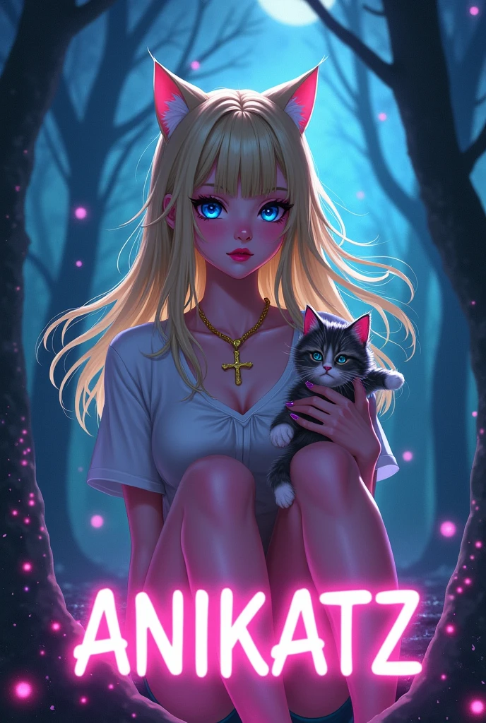 A dark glowing environment in the forest. crescent moon. glitter. Woman with blue eyes, blonde, straight hair, pinken Lips, cat ears, golden necklace with cross pendant. Short pajamas. She is holding a cute cuddly tabby kitten in her hand. her hair blows in the wind. Below her is the word Anikatz in pink capital letters.