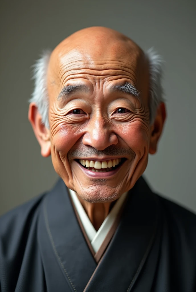 best quality, masterpiece, half bald japanese grandfather,  smile wide teeth showing. wearing traditional Japanese clothes. ultra HD. photography realisic
